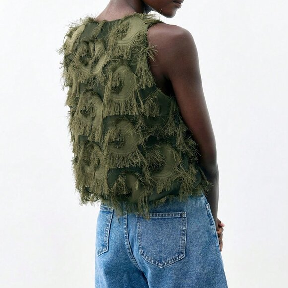 Army Green Bohemian Women's Jacquard Fabric Peplum Camisole - Picture 2 of 7